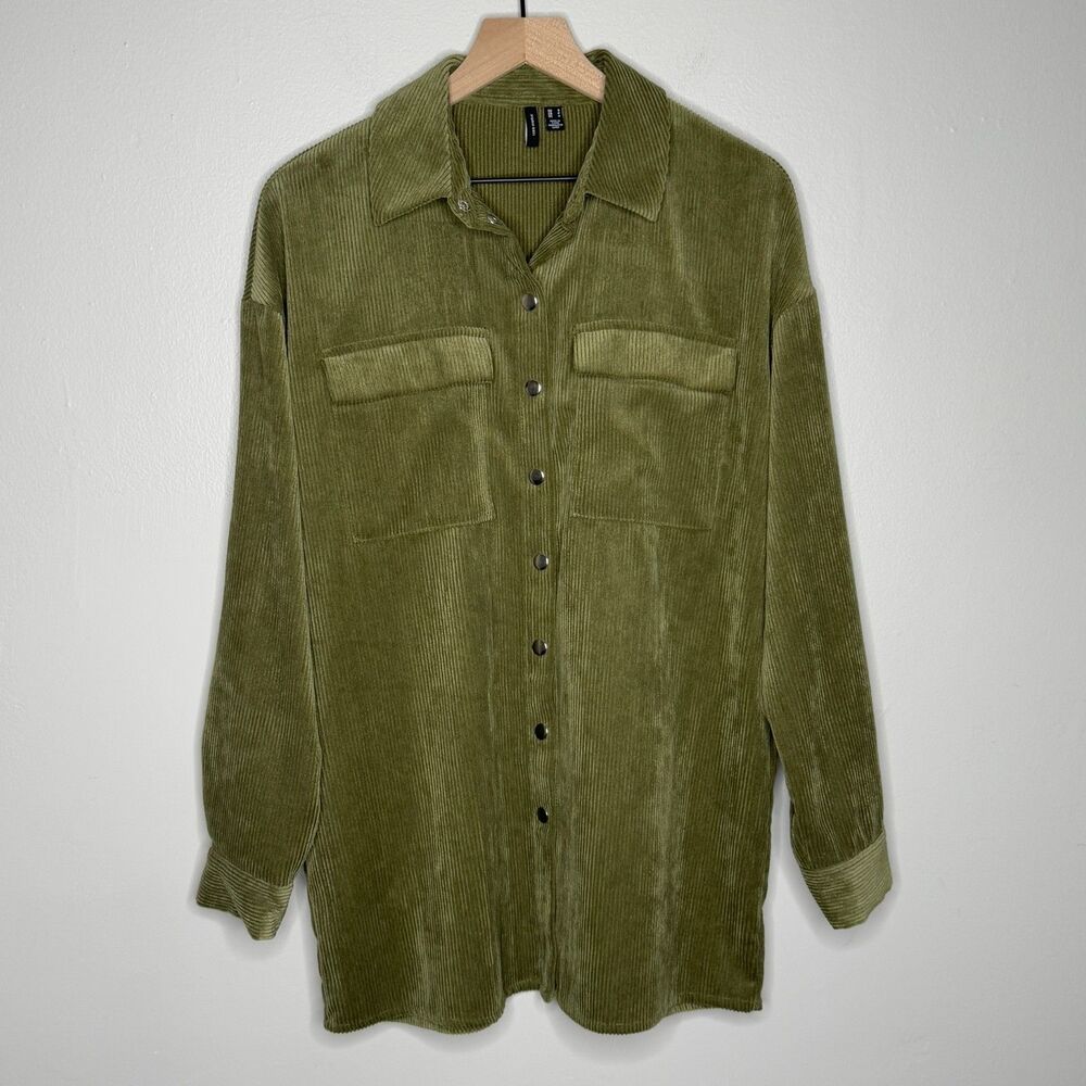 Vero Moda Womens Corduroy Button Up Shirt Small Green Ribbed Oversized Lounge